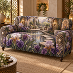 One sofa cover with a continuous iris Whisperlight Courtyard Alcove, aubergine, smoky lilac and pearl blooms, woven arches, amber lanterns, pale stone niches, stepping stones and reflecting pool.