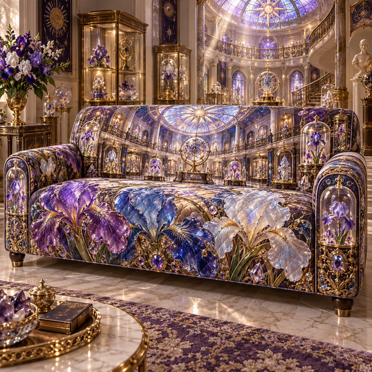 One sofa cover with a continuous iris Celestial Curio Gallery, blown-glass amethyst, cobalt and opal blooms, crystal plinths, brass vitrines, spiral balconies and star-prism oculus.