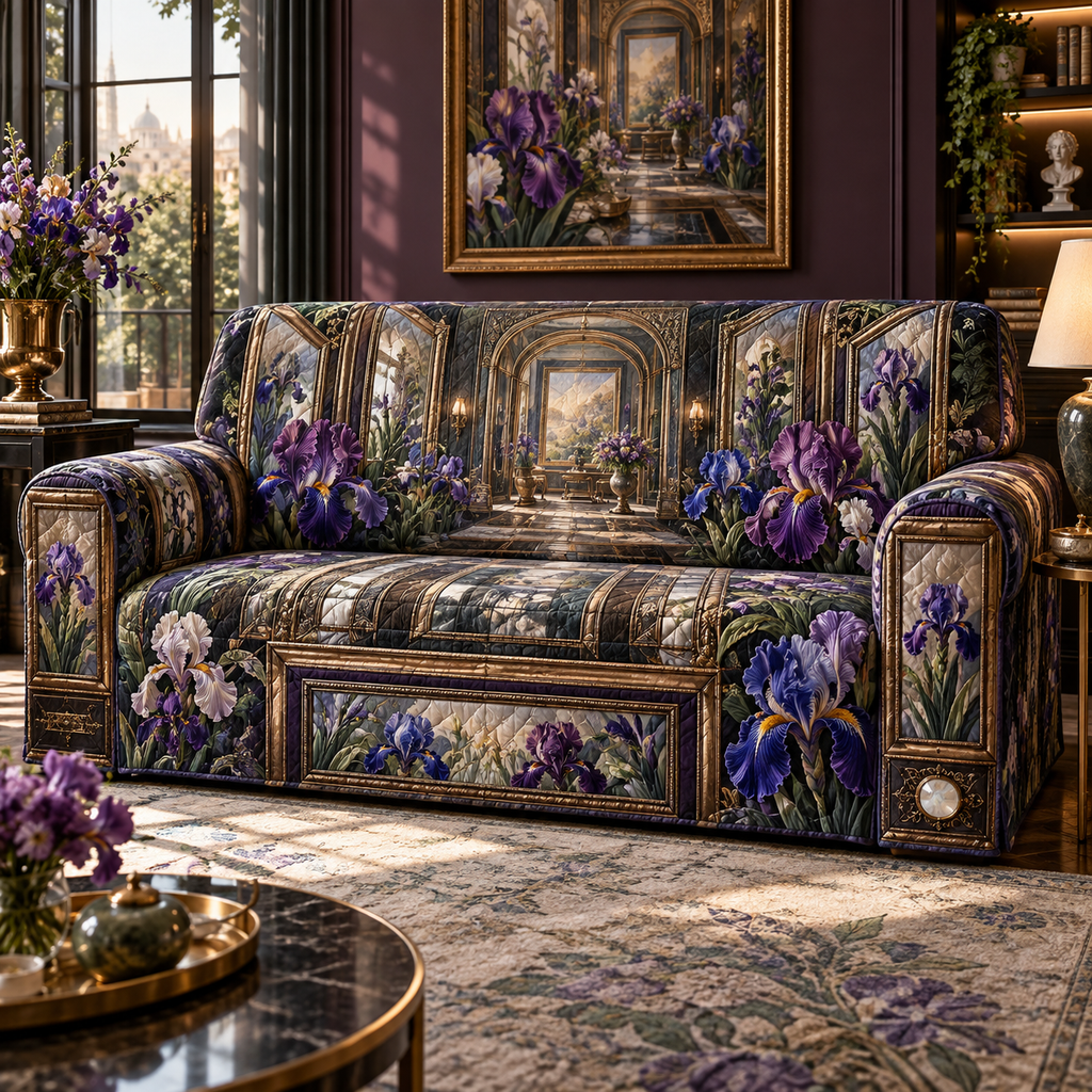 One sofa cover with a continuous iris Floating Frame Atelier, nested brass, walnut and bronze frames, bevelled mirrors, sculptural violet blooms and a luminous sage-blue gallery portal.