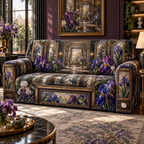 One sofa cover with a continuous iris Floating Frame Atelier, nested brass, walnut and bronze frames, bevelled mirrors, sculptural violet blooms and a luminous sage-blue gallery portal.