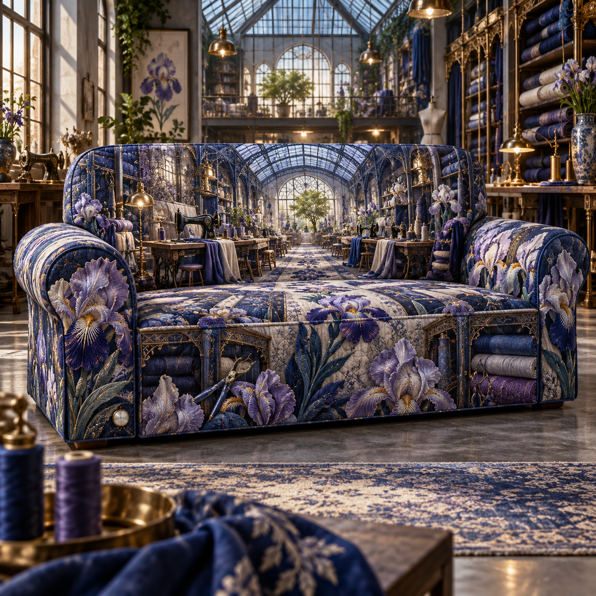 One sofa cover with a continuous Iris Indigo Threadhouse, embroidered violet and pearl blooms, brass bobbin towers, thread bridges, sewing stations and a luminous glass-roof maker loft.