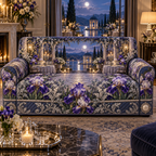 One sofa cover with a continuous Iris Silverleaf Supper Terrace, violet and pearl blooms, silver trellises, serving trays, candlelit tables and a moonlit lakeside pavilion.