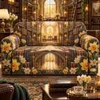 One sofa cover with a continuous Daffodil Golden Chapter Loft, golden daffodils, cream jonquils, leather-bound books, folio bridges, brass ladders and amber library arches.