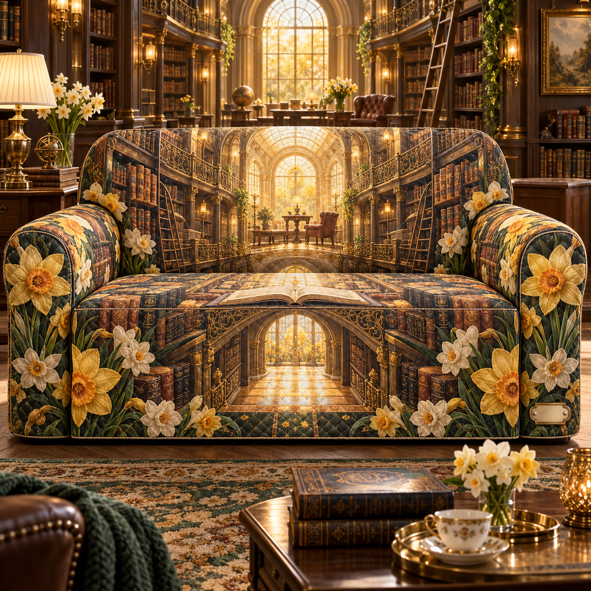 One sofa cover with a continuous Daffodil Golden Chapter Loft, golden daffodils, cream jonquils, leather-bound books, folio bridges, brass ladders and amber library arches.
