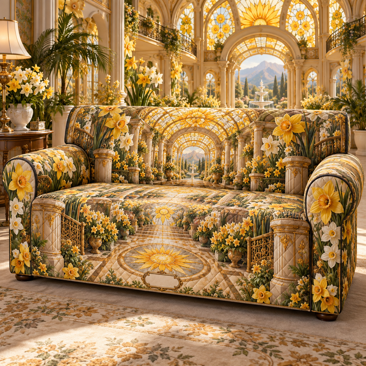 One sofa cover with a continuous Daffodil Sunvault Canopy Manor, golden daffodils, cream jonquils, brass balconies, sunburst mosaics and an amber glass canopy.