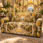 One sofa cover with a continuous Daffodil Sunvault Canopy Manor, golden daffodils, cream jonquils, brass balconies, sunburst mosaics and an amber glass canopy.