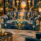 One sofa cover with a continuous Daffodil Azure Crown Salon, golden daffodils, cream jonquils, sapphire arches, mirrored stairs and a sunset gallery.
