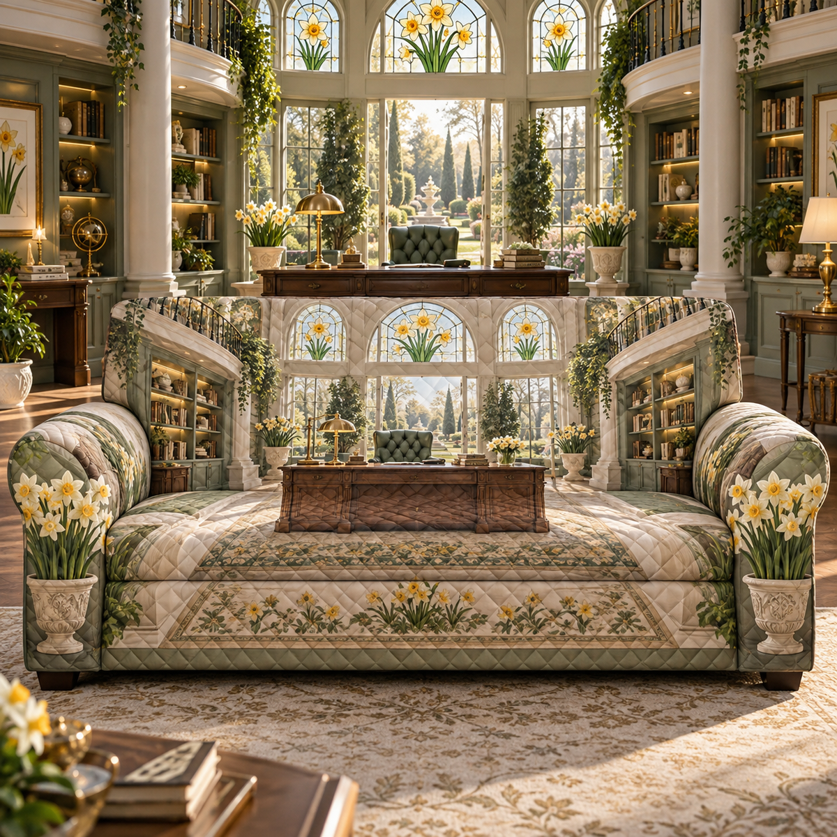 One sofa cover with a continuous Daffodil Sageglass Executive Atrium, golden daffodils, sage shelves, walnut desk, brass lamps and sunlit garden depth.