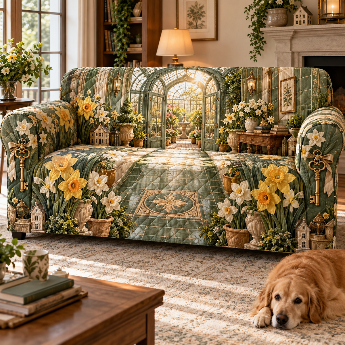 One sofa cover with a continuous Daffodil Hearthkey Conservatory, golden daffodils, brass keys, sage tile, oak foyer and sunlit new-home depth.