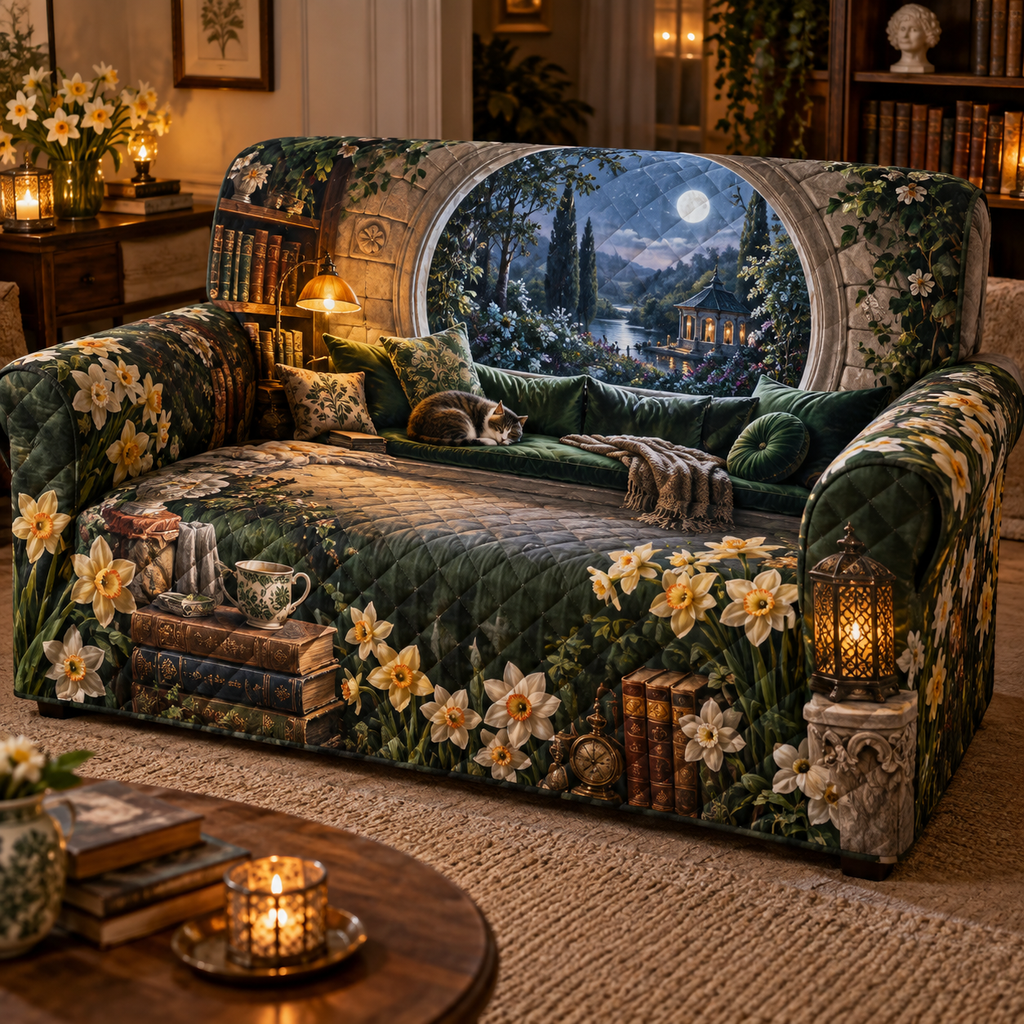 One sofa cover with a continuous Daffodil Moonwell Reading Alcove, golden flowers, moss velvet, aged books, amber lamp and moonlit garden depth.