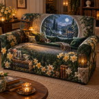 One sofa cover with a continuous Daffodil Moonwell Reading Alcove, golden flowers, moss velvet, aged books, amber lamp and moonlit garden depth.