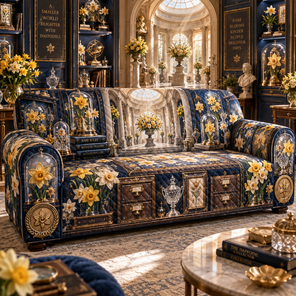 One sofa cover with a continuous Daffodil Aurelia Curio Gallery, golden flowers, cobalt velvet, crystal vitrines, brass frames and luminous rotunda depth.