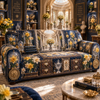One sofa cover with a continuous Daffodil Aurelia Curio Gallery, golden flowers, cobalt velvet, crystal vitrines, brass frames and luminous rotunda depth.