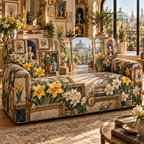 One sofa cover with a continuous Daffodil Lumenframe Apartment Salon, golden flowers, mixed brass frames, terracotta alcoves and sunlit apartment depth.