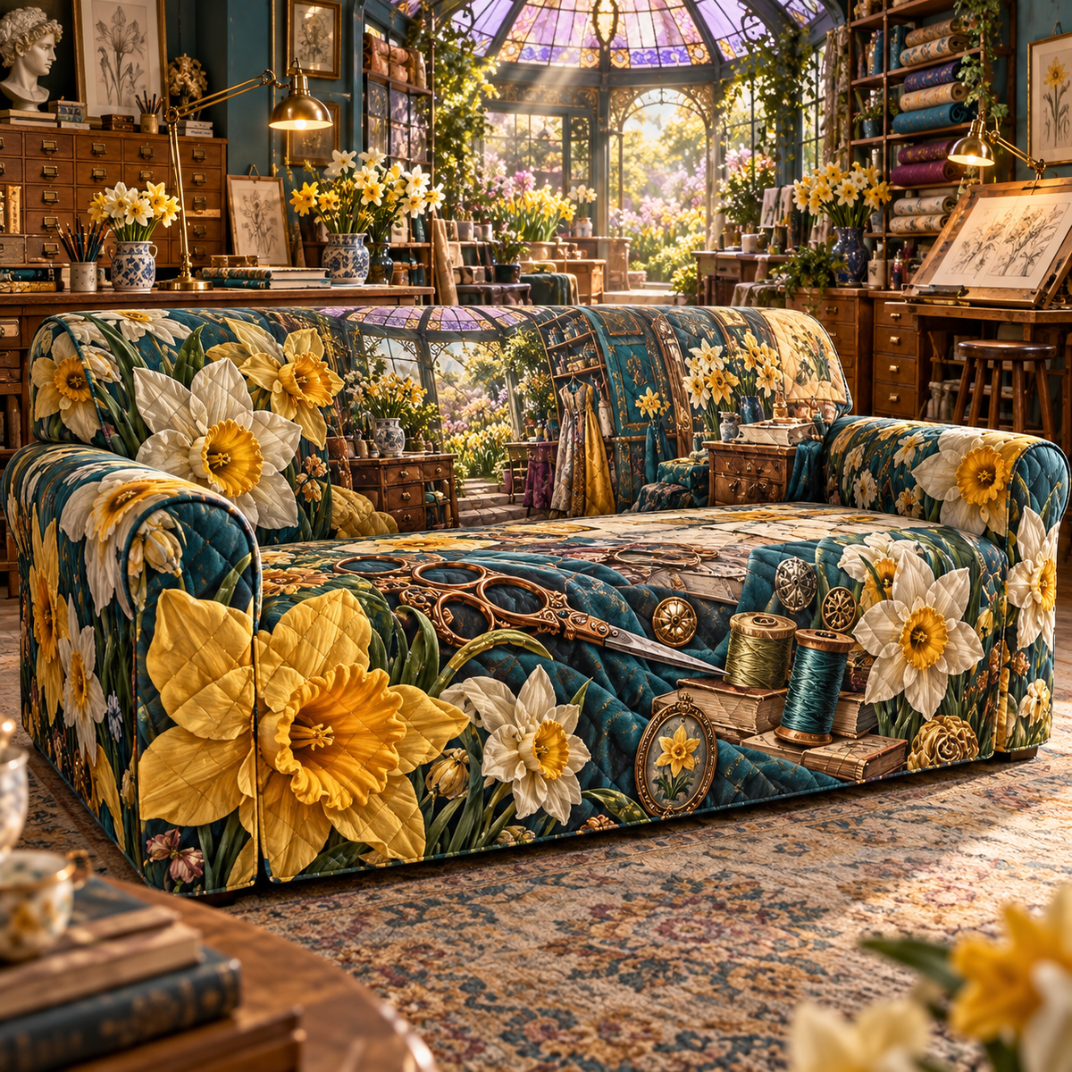 One sofa cover with a continuous Daffodil Makerlight Atelier, golden flowers, copper tools, peacock-teal workstations and sunlit atelier depth.