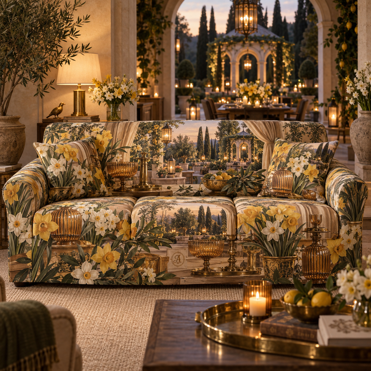 One sofa cover with a continuous Daffodil Amberglass Welcome Supper, golden flowers, amber glass, brass accents and candlelit garden depth.
