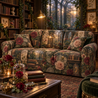 One sofa cover with a continuous Rose Glassleaf Reading Conservatory, pressed roses, copper herbarium glass, leather books and amber library depth.
