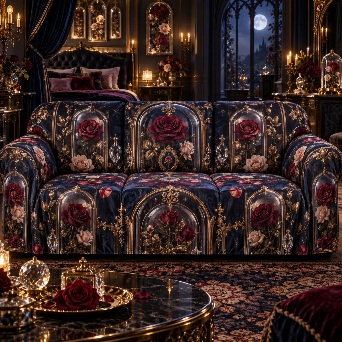 One sofa cover with a continuous Rose Nocturne Specimen Gallery, pressed roses, gilded glass, indigo velvet and moonlit bedroom depth.