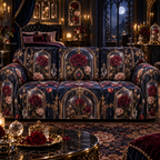 One sofa cover with a continuous Rose Nocturne Specimen Gallery, pressed roses, gilded glass, indigo velvet and moonlit bedroom depth.