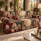 One sofa cover with a continuous Rose Solarium Grand Salon, pressed roses, gilded glass, indigo velvet and sunlit grand-salon depth.