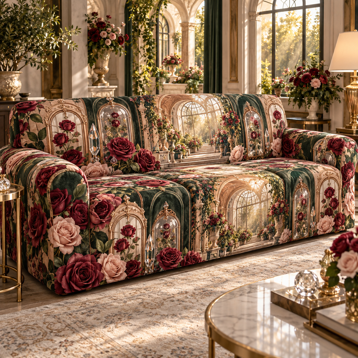 One sofa cover with a continuous Rose Solarium Grand Salon, pressed roses, gilded glass, indigo velvet and sunlit grand-salon depth.