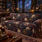 One sofa cover with a continuous Rose Archivist Observatory, pressed roses, gilded glass, indigo velvet and celestial observatory-office depth.