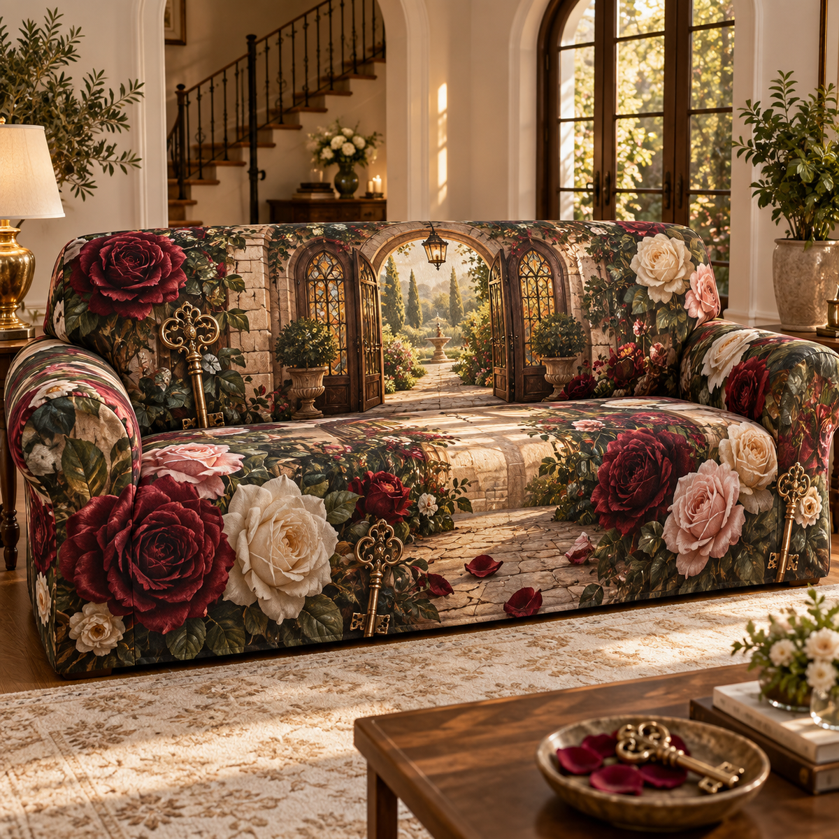 One sofa cover with a continuous Rose Hearthglass Welcome House, pressed roses, gilded glass, indigo velvet and luminous garden-foyer depth.