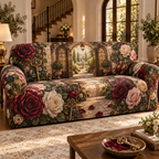One sofa cover with a continuous Rose Hearthglass Welcome House, pressed roses, gilded glass, indigo velvet and luminous garden-foyer depth.
