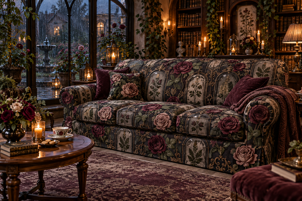 One sofa cover with an original Rose Embernook Conservatory, dimensional roses, botanical glass and candlelit quiet-corner depth.