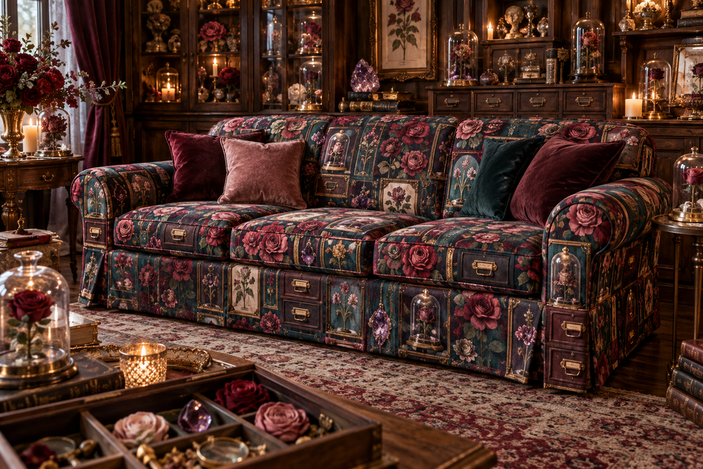 One sofa cover with an original Rose Curator Birthday Cabinet, dimensional roses, botanical glass and candlelit quiet-corner depth.