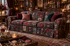 One sofa cover with an original Rose Curator Birthday Cabinet, dimensional roses, botanical glass and candlelit quiet-corner depth.