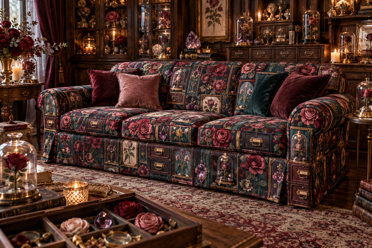 One sofa cover with an original Rose Curator Birthday Cabinet, dimensional roses, botanical glass and candlelit quiet-corner depth.