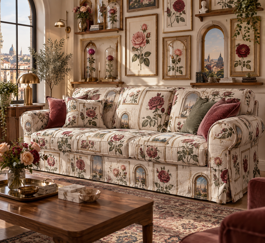 One sofa cover with an original Rose Salon Wallscape, dimensional roses, botanical glass and candlelit quiet-corner depth.