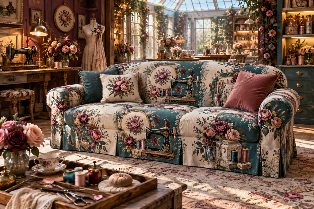 One sofa cover with an original Rose Atelier Identity, dimensional roses, sewing tools and sunlit atelier depth.