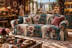 One sofa cover with an original Rose Atelier Identity, dimensional roses, sewing tools and sunlit atelier depth.