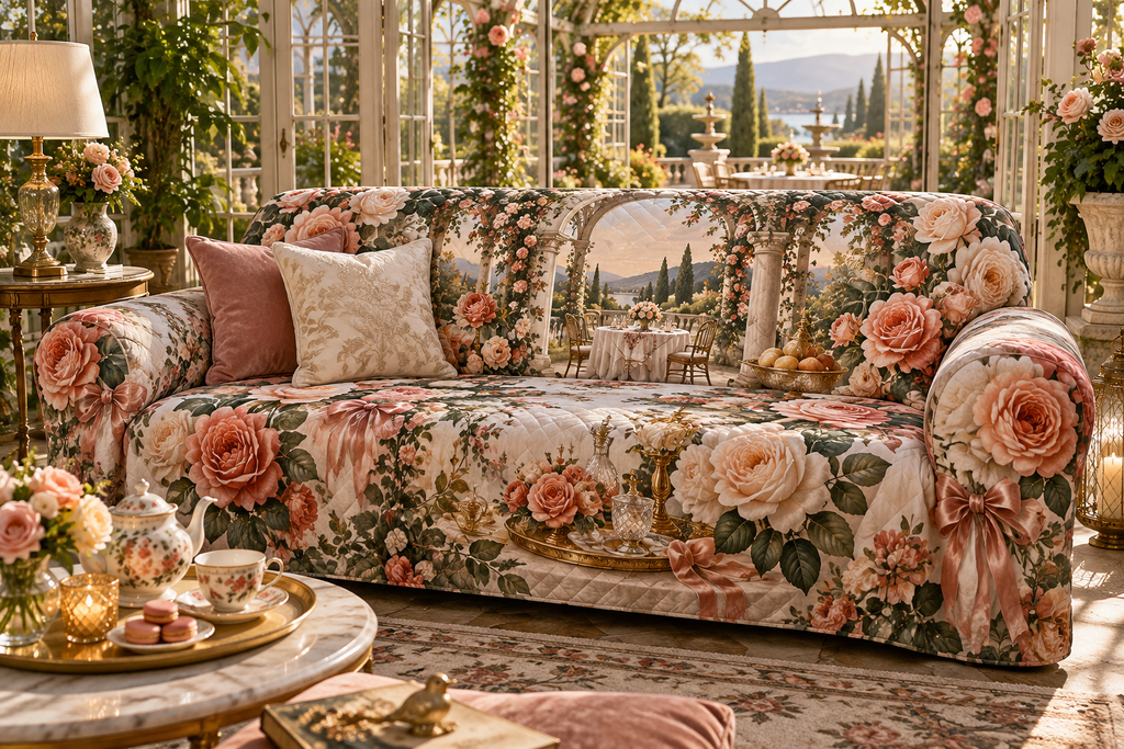 One sofa cover with an original Rose Gratitude Conservatory, dimensional roses, crystal and sunlit conservatory depth.