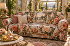One sofa cover with an original Rose Gratitude Conservatory, dimensional roses, crystal and sunlit conservatory depth.