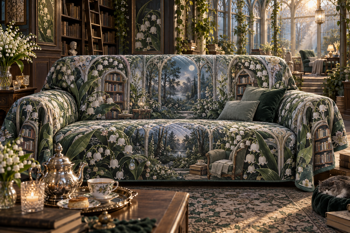 One sofa cover with an original Moonbell Reading Conservatory, dimensional moonbells, silver glass and moonlit library depth.