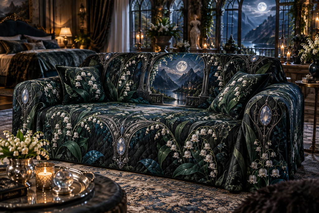 One sofa cover with an original Emerald Moonbell Grand Chamber, dimensional moonbells, smoky glass and moonlit grand-bedroom depth.