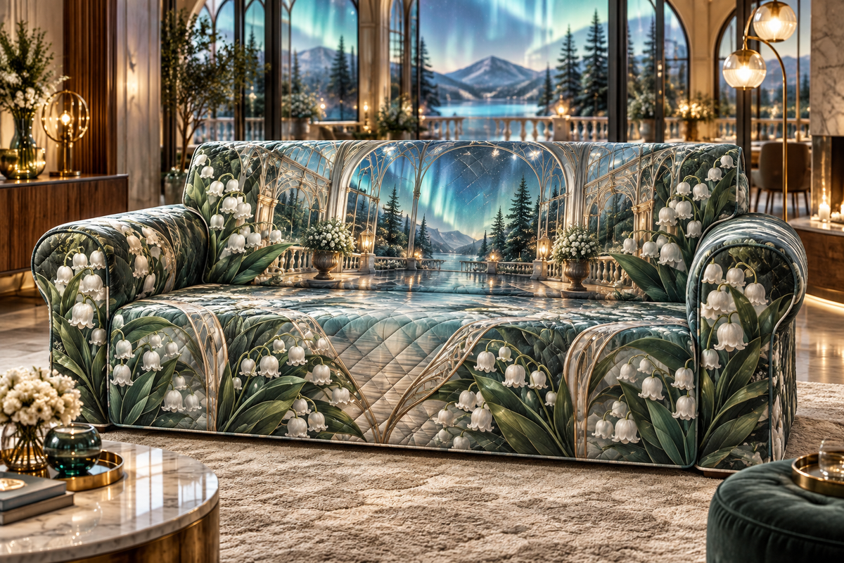 One sofa cover with an original Moonbell Aurora Salon, dimensional moonbells, teal glass and luminous aurora-salon depth.