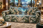 One sofa cover with an original Moonbell Aurora Salon, dimensional moonbells, teal glass and luminous aurora-salon depth.