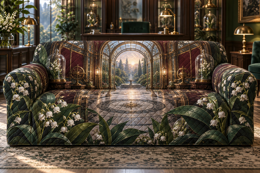 One sofa cover with an original Moonbell Scholar Atrium, dimensional moonbells, specimen glass and luminous scholar-atrium depth.