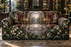 One sofa cover with an original Moonbell Scholar Atrium, dimensional moonbells, specimen glass and luminous scholar-atrium depth.
