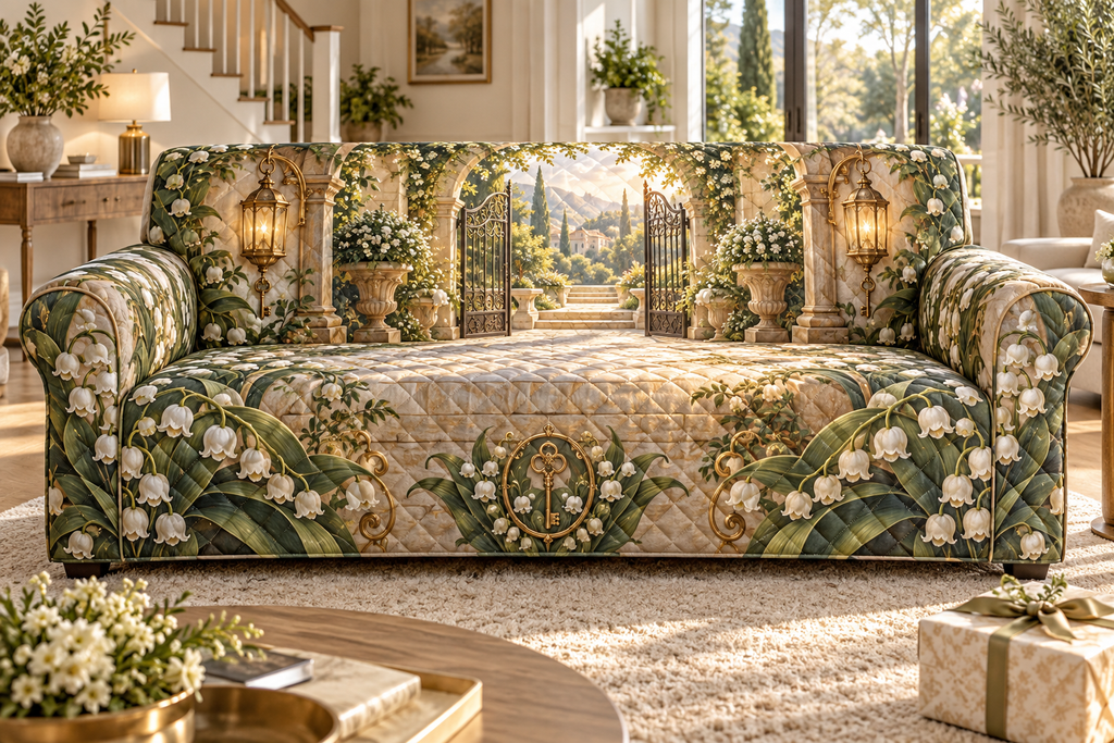One sofa cover with an original Moonbell Hearthglass Welcome, dimensional moonbells, amber lanterns and luminous welcome-courtyard depth.