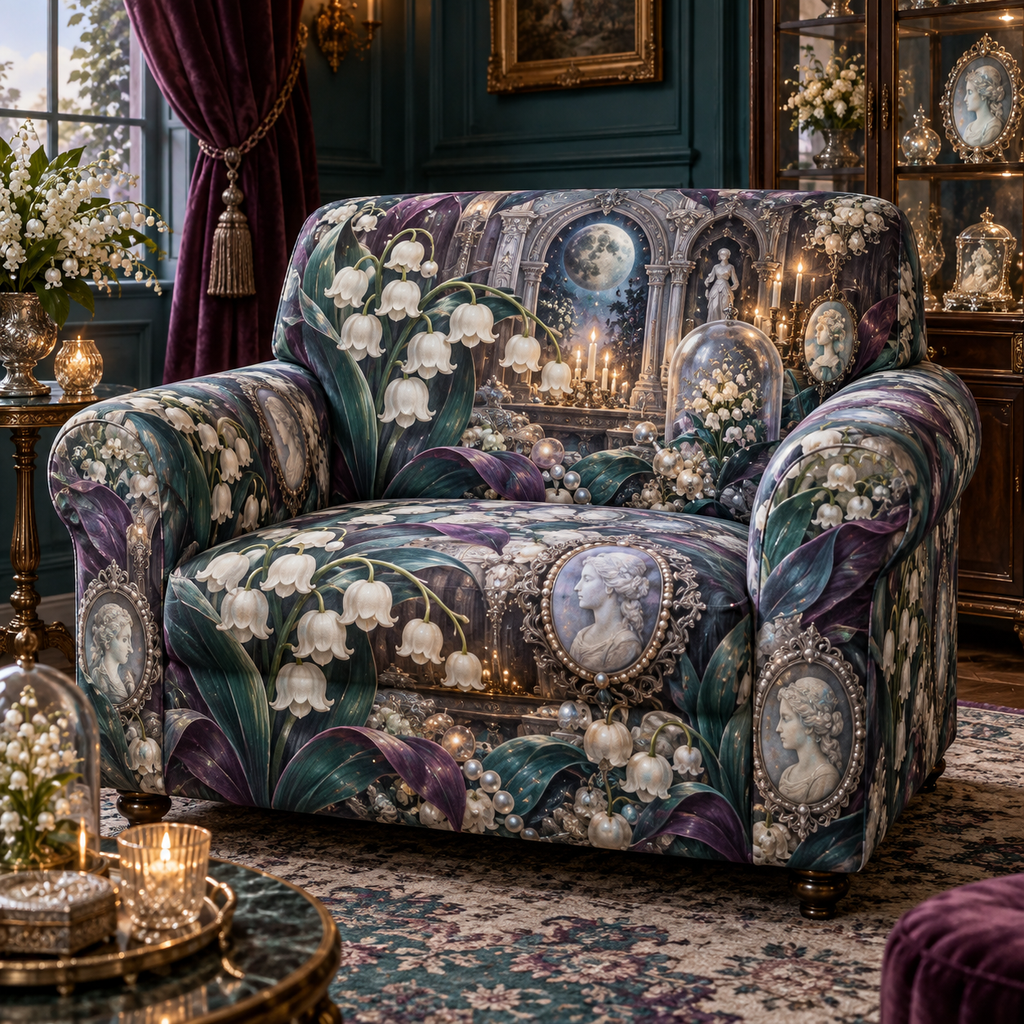 One sofa cover with an original Moonbell Reliquary Jubilee, dimensional moonbells, moonstone cameos and luminous collector-reliquary depth.