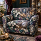 One sofa cover with an original Moonbell Reliquary Jubilee, dimensional moonbells, moonstone cameos and luminous collector-reliquary depth.