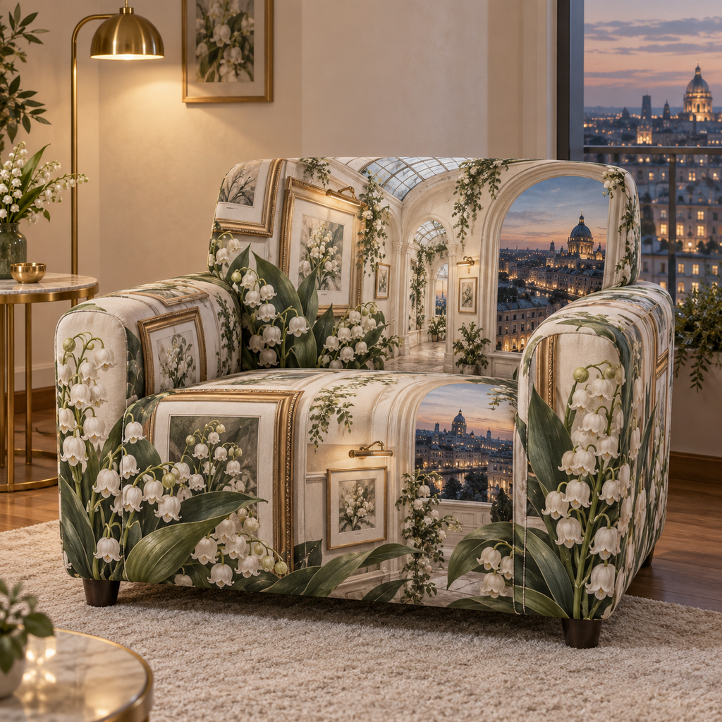 One sofa cover with an original Moonbell Skylight Gallery, dimensional moonbells, layered frames and luminous apartment-gallery depth.