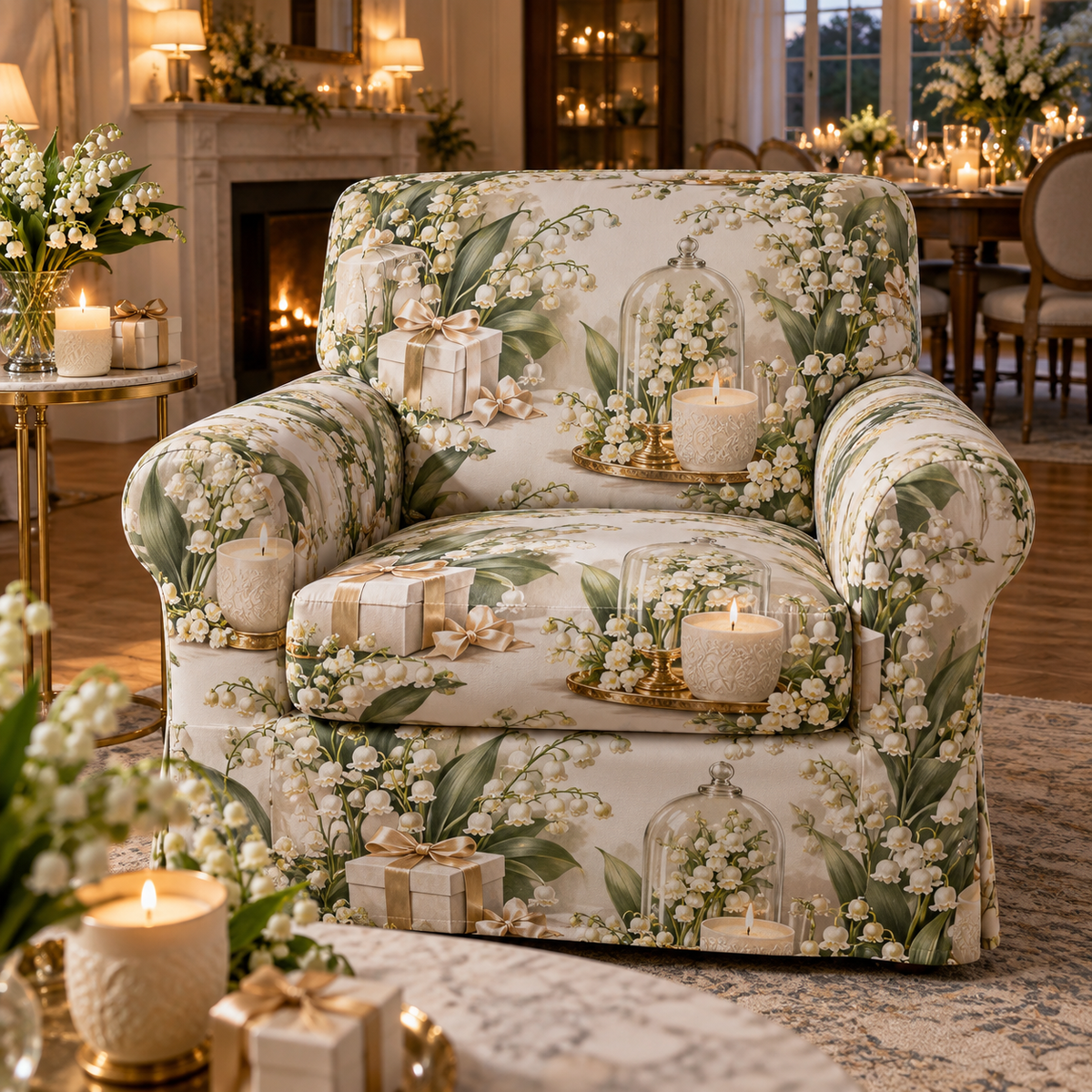 One sofa cover with an original Moonbell Gratitude Supper, dimensional moonbells, glass keepsakes and candlelit hospitality depth.