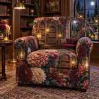 One sofa cover with an original Dahlia Lantern Library, dimensional dahlias, arched bookshelves and moonlit library depth.