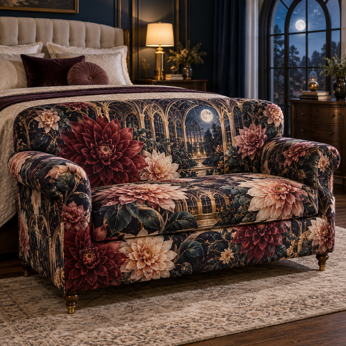 One sofa cover with an original Dahlia Starlight Conservatory, dimensional dahlias, moonlit arches and conservatory depth.